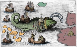 São Brendan (Brandan), herói e santo irlandês do século VI, representa a celebração da missa nas costas da baleia gigante Jasconius. Diz a lenda que seu barco foi carregado no dorso de uma baleia. Gravura colorida do século XVII de Unknown artist
