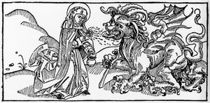 Santa Marta e o Tarasco - Gravura de "Leben der Heiligen - sommerteil" (O livro do santo) de Jacobus (Tiago) de Voragine (1228-1298). Lubeck 1488. de Unknown artist