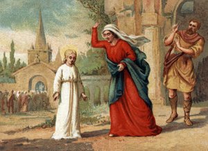 Sainte Genevieve (422-502), santa padroeira de Paris abusada pela sua mãe. Cromolitografia por volta de 1890. de Unknown artist
