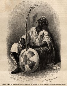 Sambou, o griot de Niantanso (Mali) (tipo Malinke: Língua da África Ocidental (Guinee, Senegal, Mali e Costa do Marfim), poeta, músico, historiador e contador de histórias, o griot é o depositário da memória colectiva de um povo. Gravura para ilustrar a hi de Unknown artist