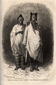 Mulheres sarakolesas e kassonkese, populações do Alto Senegal, em trajes tradicionais. Gravura para ilustrar um cruzeiro na costa da África, pelo Vice-Almirante Fleuriot de Langle, em 1868, publicada em "Le tour du monde" 1872, editada por Edouard Charton de Unknown artist