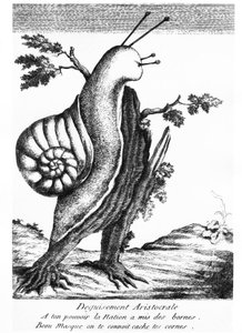 Desenho satírico: disfarce aristocrático (um caracol sobre um cepo): "Ao teu poder a Nação estabelece os limites, bela máscara que te conhecemos, esconde os teus chifres" - 1790, Musée Carnavalet. de Unknown artist
