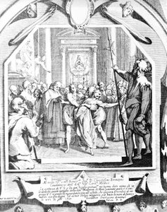 Cena de exorcismo de uma mulher possuída usando a Madonna de Monsummano em 1630. de Unknown artist