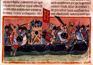 Cena de batalha naval Miniatura de um códice francês em pergaminho "Facts of the Romans" contando a história antiga até Jules Cesar (101 AC-44 AC). Século XIII Veneza, biblioteca Marciana de Unknown artist