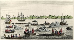 Cena da pesca da baleia na Gronelândia no século XVIII, impressão popular anónima do período de Unknown artist