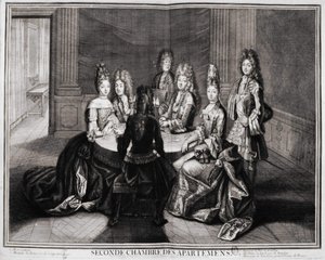 Segunda Sala dos Apartamentos (Versalhes): 1. Monsenhor, 2. Madame Princesa de Conty Dowager, 3. Monsieur le Duke de Bourbon, 4. Madame Duquesa de Bourbon, 5. Monsieur de Vandôme, Grande Prior da França. Gravura de Trouvain, início do século XVIII. de Unknown artist