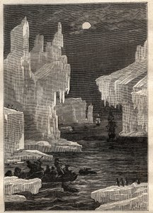 Segunda viagem (1772-1775) do Capitão James Cook (1728-1779): as ilhas de gelo (iceberg), travessias no caminho do cabo da circuncisão (Ilha Bouvet, Antárctida) - ilustração tirada de "Os Grandes Marinheiros do século XVIII". de Unknown artist