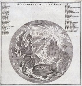 Selenografia da Lua - em "Viagem Histórica da América do Sul feita pela Ordem do Rei de Espanha por Don George Juan e Don Antoine de Ulloa", T.2, no C.A. Jombert, Librairie du Roi, Paris de Unknown artist