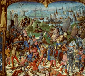 Sétima Cruzada (1248-1254). Luís IX (Saint Louis) (1215-1270), Rei de França, com as travessias depois de ser derrotado pelos sarracenos em Mansourah em 1250. Eles se retiraram atrás das torres de Damasco. Luís IX e seus dois irmãos são feitos prisioneiros de Unknown artist