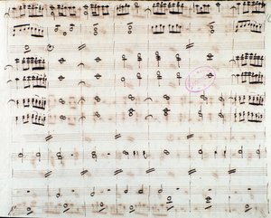 Página de música para o primeiro violino na abertura de Mithridate, Rei da Pont, ópera de Mozart (1770) de Unknown artist