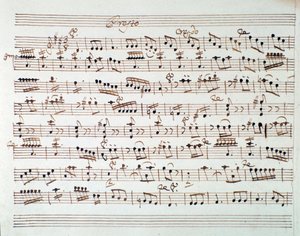 Página de música para o primeiro violino na abertura de Mithridate, Rei da Pont, ópera de Mozart (1770) de Unknown artist