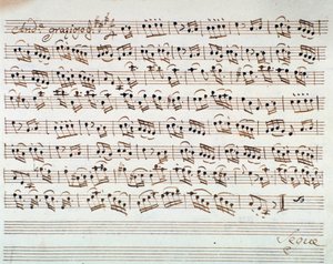 Página de música para o primeiro violino na abertura de Mithridate, Rei da Pont, ópera de Mozart (1770) de Unknown artist