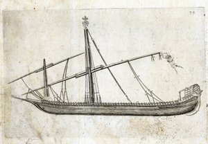 Vista lateral de uma galé. Gravura do século XVIII. de Unknown artist