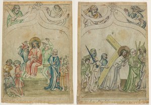 Folha única de uma "Biblia Pauperum": Cristo coroado de espinhos (reto) Cristo carregando a cruz (verso) de Unknown artist