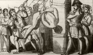 Spriggs içando a tripulação de uma escuna de Boston até a testa, e depois deixando-os cair no convés, c.1836. de Unknown artist