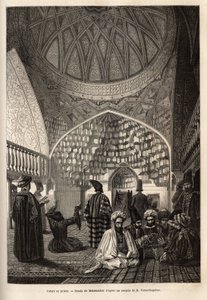 Tatares em oração, na Mesquita de Schusha (Transcaucásia, Rússia). Gravura para ilustrar a viagem nas províncias do Cáucaso, por Basile Vereschaguine, em 1864-1865, publicada em "le tour du monde", sob a direção de D