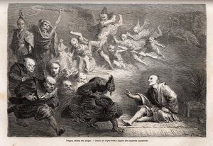 Tengu ou demônio dos sonhos, deus menor do folclore japonês, zoomorph, ele toma a forma de um corvo, dotado de poderes mágicos, é um tema popular de arte, teatro e literatura no Japão. Gravura para ilustrar a viagem ao Japão em 1863-1864, por Aim de Unknown artist