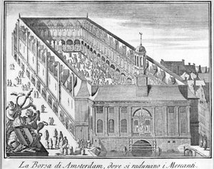 A Bolsa de Valores de Amesterdão, onde os comerciantes se reúnem. A gravura do século XVIII. de Unknown artist