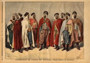 Os chefes árabes e tunisinos, encarregados da guarda de honra do czar Nicolau II, em visita à França. (Si Hamza, chefe dos Uleds sidi sheiks; Si Mohammed ben Gana, agha dos Zibans; Si Ferhat Mouly, caid dos Beni Maaida; Si Lakdan, agha dos Larbaa de Unknown artist