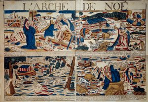 A Arca do Noé A construção da arca, Noé recebe o anúncio do Dilúvio, o Dilúvio, as espécies animais salvas após o dilúvio" Gravura da Coleção Privada do século XVIII de Unknown artist