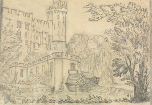 A parte de trás de um grande castelo com roda d