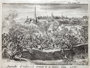 A Batalha de Oosterweel (Holanda, Holanda), realizada em 13 de março de 1567, o primeiro confronto da Guerra dos Oitenta (Oitenta) Anos (1567-1648). Gravura para ilustrar a "História da Guerra da Flandres", de Flamianus Strada, edição Joseph T