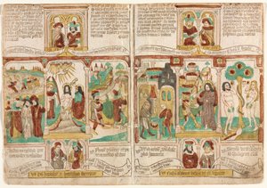 A Bíblia dos Pobres (Biblia Pauperum), O Exército do Faraó Afogou-se no Mar Vermelho; Batismo de Cristo; e os espiões de Moisés retornando com uvas de Canaã Esaú vendendo a Jacó seu direito de primogenitura; Tentação de Cristo; e Tentação de Adão e Eva de Unknown artist