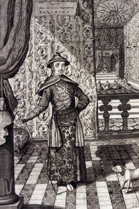 O Imperador chinês e Governante Supremo dos Tártaros - Imperador chinês Kangxi (1652-1722) Dinastia Qing, gravura de Athanasius Kircher (1601-1680) de "China Monumentis, qua sacris qua profanis" 1667 - Imperador chinês Kangxi (1652-1722) Dinastia Qing, de Unknown artist
