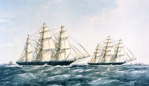 A Grande Corrida de Navegadores de 1866 entre a "Ariel" e a "Taeping" trazendo a nova colheita de chá da China para Londres (cor litho) de Unknown artist