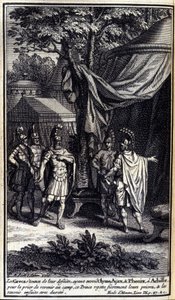 Os gregos, espantados com a sua derrota, enviaram Ulisses, Ajax e Phénix para Aquiles para rezar para que ele voltasse ao acampamento. Este príncipe rejeita orgulhosamente as suas orações e depois manda-os de volta com força. Ilustração do livro IX da Ilía de Unknown artist