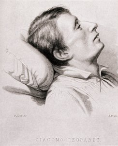 O poeta italiano Giacomo Leopardi (1798-1837) em seu leito de morte. Gravura do século XIX de Unknown artist