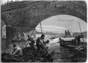 A Comuna de Paris, em 1871. A pesca de armas atiradas para o Sena sob a ponte Austerlitz pelos Federes (comunas), no momento do debate final da comuna. de Unknown artist
