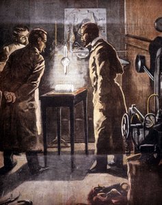 O Roentgen (Rontgen) ou Raios X. Descoberto em 1895. Ilustração representando a experiência. de Unknown artist