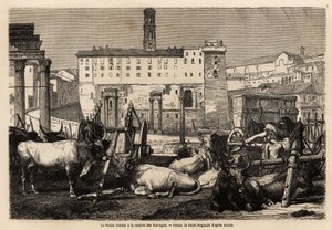O fórum romano tem o aluguer de forragem, os bois jazem no meio de carrinhos e ruínas antigas. Engravure pour illustrrer le voyage à Rome, de Francis Wey, em 1864-1868, publicado em "Le tour du monde" 1869, editado por Edouard Charton, edição Hachette, de Unknown artist