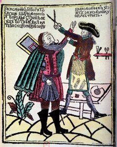 O czar russo Pedro I o Grande (1672-1725) promulgou uma reforma em 1722, que exigiu o corte da barba. Gravura do século XVIII Paris, B.N. de Unknown artist