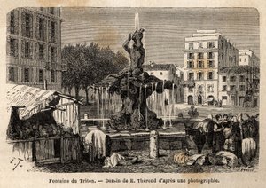 A Fonte Triton, em Roma, criada em 1643 por Gian Lorenzo (Gianlorenzo) Bernini conhecido como Le Bernini (1598-1680), na Praça Barberini. Gravura para ilustrar a viagem a Roma, de Francis Wey, em 1864-1868, publicada em "Le tour du monde, nouveau de Unknown artist