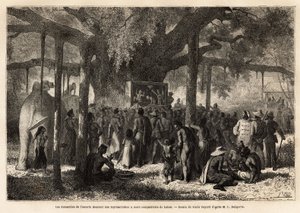 Os anamitas da escolta de Garnier dão uma representação improvisada aos seus compatriotas em Lakon (Laos), depois de terem montado um pequeno teatro de marionetes aos pés de um baniano com um tronco enorme. Gravura para ilustrar a viagem de exploração na I de Unknown artist