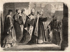 O arcebispo Santo Ambrósio de Milão (Aurelius Ambrosius, Ambrogio di Milano (340-397) proibiu a entrada da igreja ao imperador romano Teodósio I (Flavius Theodosius) (347-395) para puni-lo pelo massacre de Tessalônica em 390 - Excommunicati de Unknown artist