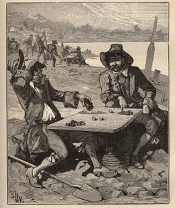 A arte do lapidário: inventores das minas de diamantes do Brasil no início do século XVIII. Os que buscam ouro estão jogando com cristais como fichas sem saber que são diamantes reais. Gravura de 1885 em "Les arts et metiers illustres", de Adolphe. de Unknown artist