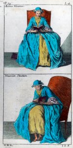 A arte de prevenir e corrigir nas crianças deformidades do corpo: boa e má posição para a leitura. A gravura do século XVIII. Colecção privada. de Unknown artist