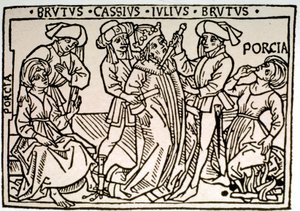 O assassinato de Jules Cesar (100-44 AC): ele é esfaqueado por Brutus e Cassius enquanto Porcie, esposa de Brutus, desaparece. Xilografia da Roma do século XVI, Biblioteca Vallicelliana ©Luisa Ricciarini/Leemage de Unknown artist