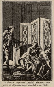 O barão surpreende Candide dando uma lição de física experimental à sua filha Frontispice para "Candide" de François Marie Arouet dit Voltaire. de Unknown artist