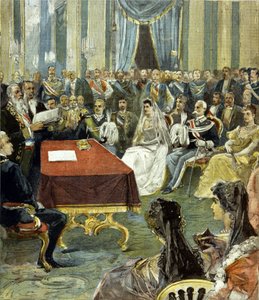 O casamento civil do Príncipe de Nápoles - que se tornou Victor Emmanuel III (Victor Emmanuel) (Vittorio Emanuele) - com a Princesa Helena de Montenegro no Palácio Quirinal, em 1896. No centro, você pode ver Humbert I (Umberto), à esquerda da noiva. de Unknown artist