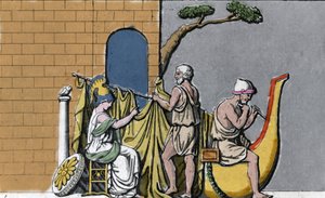 A construção do navio Argo, assistido por Minerva, com a madeira sagrada dos carvalhos de Dodone. de Unknown artist