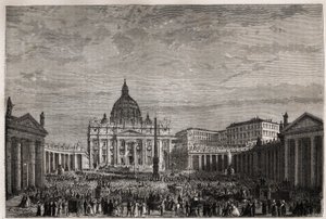 A multidão correu para a Praça de São Pedro no Vaticano para receber a grande bênção da Páscoa do Papa Pio IX (1792-1878). Gravura para ilustrar a história da Semana Santa em Roma, em 1863, por Ludovic Celler, em "Le tour du monde, nouveau journal des voy de Unknown artist
