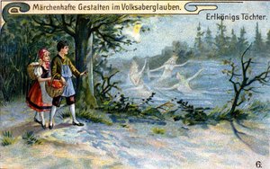 As filhas do Rei dos Elfos. Maravilhoso caráter da mitologia alemã. chromolithographof do século XIX. de Unknown artist