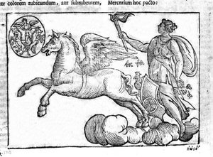 O amanhecer (a carruagem do sol). Alegoria do nascer do sol com os personagens da mitologia grega e romana no céu. Gravura de "Mythologiae sive explicationes fabularum" da Natalis Comitis. 1637. de Unknown artist