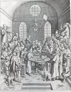 O grupo de médicos e cientistas da dissecação reuniu-se para seguir uma dissecação num anfiteatro. Gravura a partir de 1788 de Unknown artist