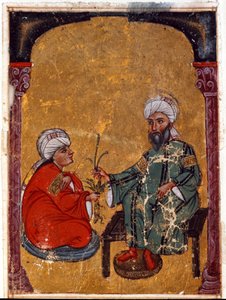 O médico e botânico Pedanius Dioscoride (Dioscorides) (40-90 d.C.) explicando a um dos seus alunos as virtudes das plantas miniaturas derivadas do seu tratado "De materia medica" (Fol. 2 verso) Do Iraque. 1229 Topkapi Sarayi Biblioteca do Museu Topkapi Sar de Unknown artist