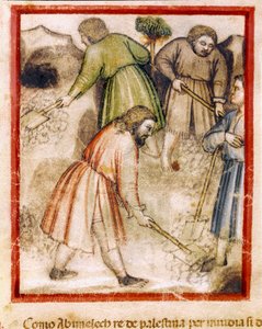 Os invejosos filisteus enchem os poços ocos por Isaac Miniature do códice 212 (ou códice padovano ou Bíblia de Pádua) 1390-1400 Rovigo, Accademia dei Concordi de Unknown artist